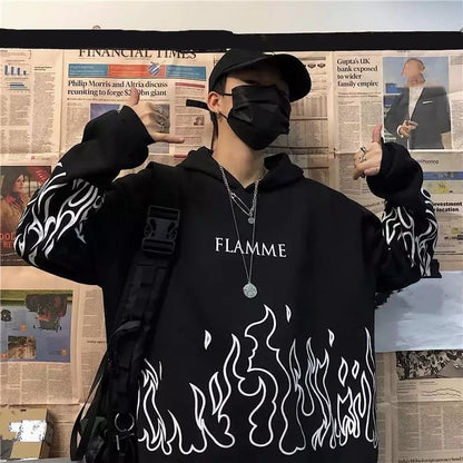 White Black Flame Fire Cartoon Casual Loose Oversized Hoodie Sweater Sweatshirt Long Sleeve Pullover E-Girl Kawaii Korean Japanese Harajuku Streetwear