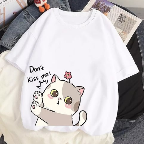 Cute Cat Kitten Don't Kiss Me Graphic Cartoon Print Loose Short Sleeve T-shirt Aesthetic Casual Summer E-Girl Kawaii Korean Japanese Harajuku