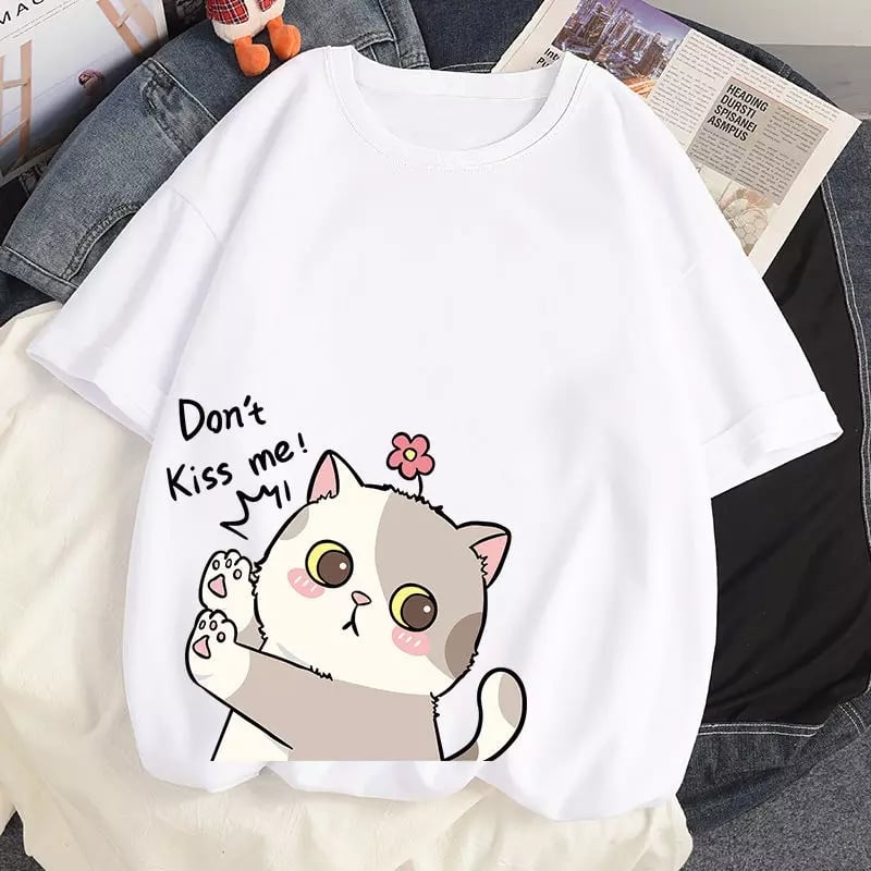 Cute Cat Kitten Don't Kiss Me Graphic Cartoon Print Loose Short Sleeve T-shirt Aesthetic Casual Summer E-Girl Kawaii Korean Japanese Harajuku