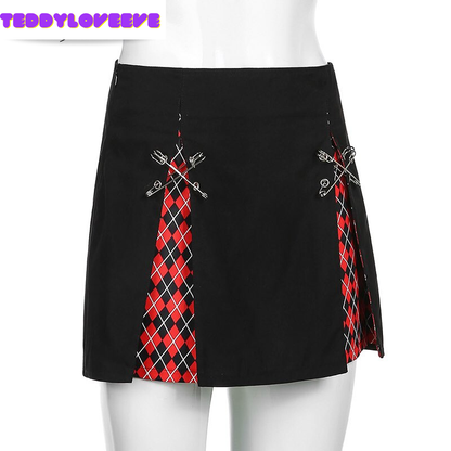 Cute Sexy Plaid Patchwork Safety Pins Black A-Line Mini High Waisted Skirt Goth Punk Club E-Girl Kawaii Korean Japanese Harajuku Streetwear