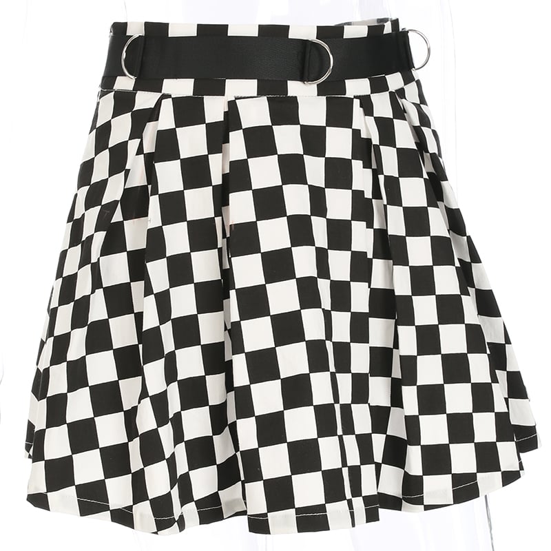 Cute Sexy Checkered Pleated Black White Sash High Waisted Skater Skirt E-Girl Kawaii Korean Japanese Harajuku Streetwear