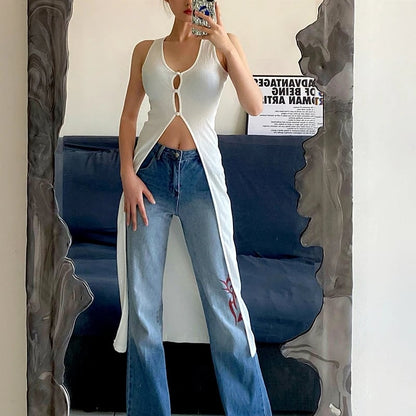 White Hollow Out V Neck Long Tank Top