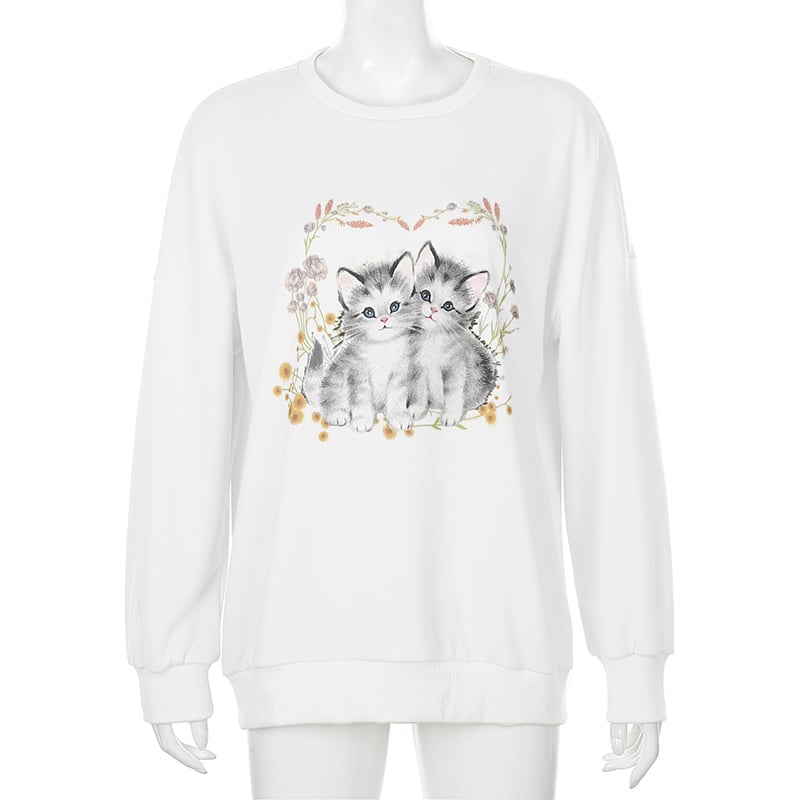 Kitten Cat Cartoon Print Sweatshirt Causal Long Sleeve Shirt Crew Neck Oversize Loose Sweater E-Girl Kawaii Korean Japanese Harajuku Streetwear