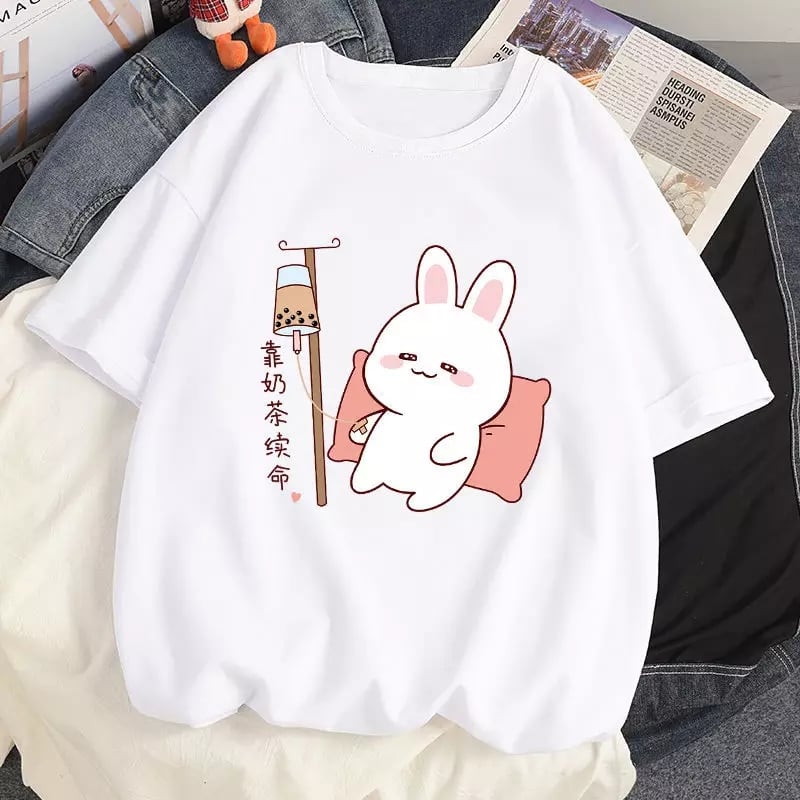 Cute Rabbit Boba Bubble Milk Tea Graphic Cartoon Print Loose Short Sleeve T-shirt Aesthetic Casual Summer E-Girl Kawaii Korean Japanese Harajuku
