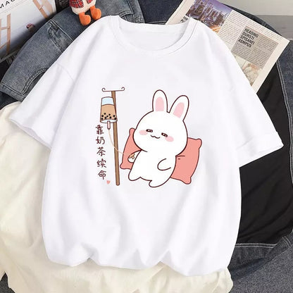 Cute Rabbit Boba Bubble Milk Tea Graphic Cartoon Print Loose Short Sleeve T-shirt Aesthetic Casual Summer E-Girl Kawaii Korean Japanese Harajuku