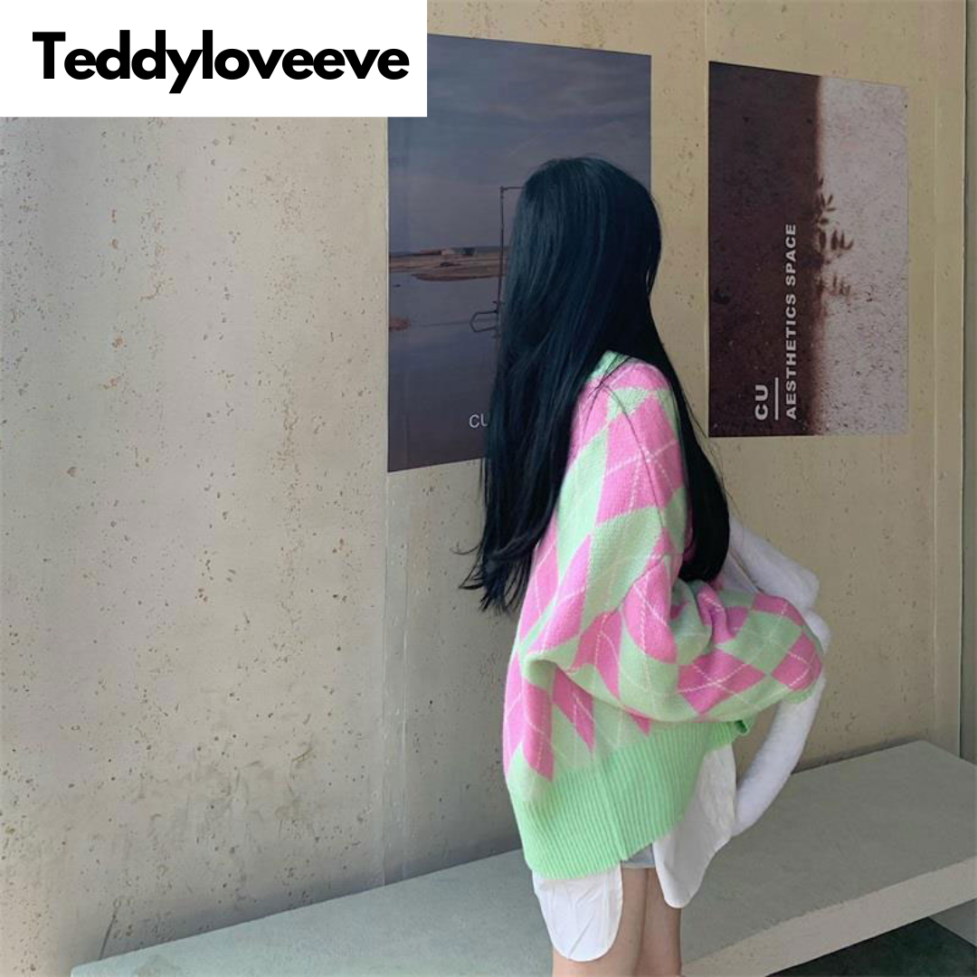 Green & Pink Lattice V Neck Sweater