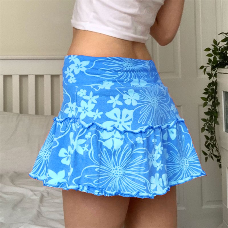 Hawaiian Hibiscus Flower High Waist Pleated Ruffle Mini Skirt