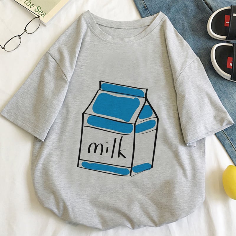 Cute Aesthetic Milk Carton Box Graphic Cartoon Print Loose Short Sleeve Short T-shirt Top Casual E-Girl Kawaii Korean Japanese Harajuku Streetwear