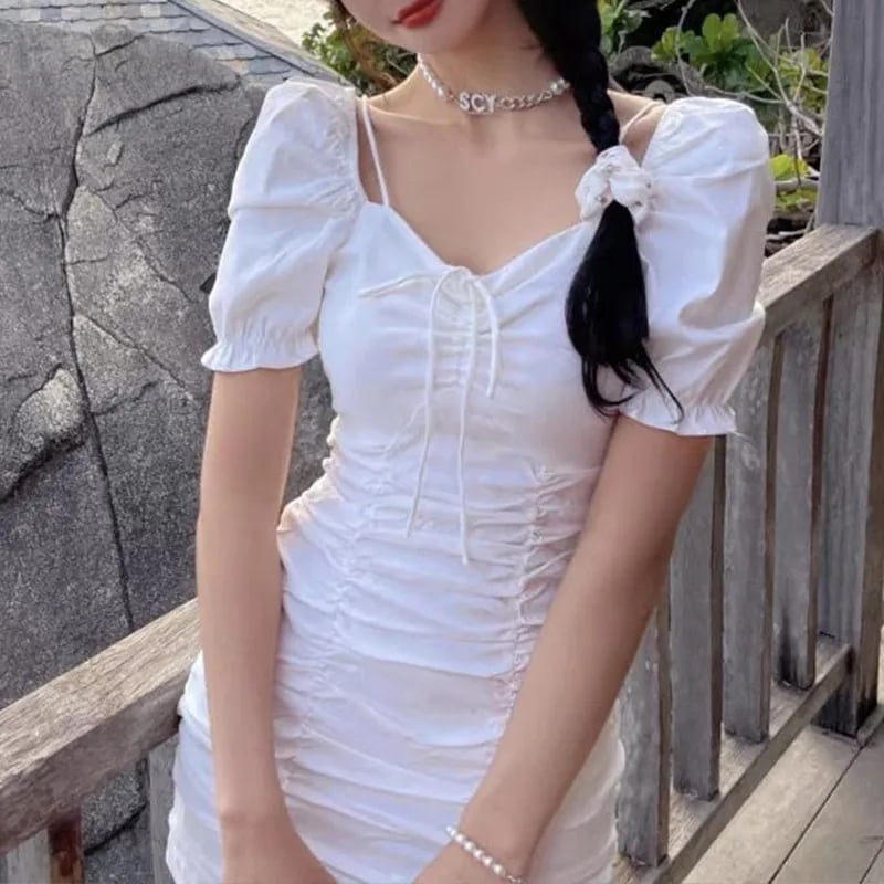 White Puff Sleeve Drawstring Ruched Mini Dress