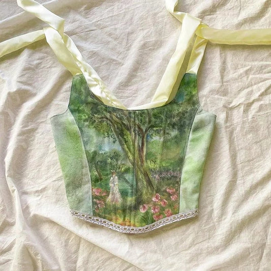 Cute Vintage Fairy Garden Print Corset Bustier Crop Top Sleeveless Shirt Elegant Summer Aesthetic Casual E-Girl Kawaii Korean Japanese Harajuku
