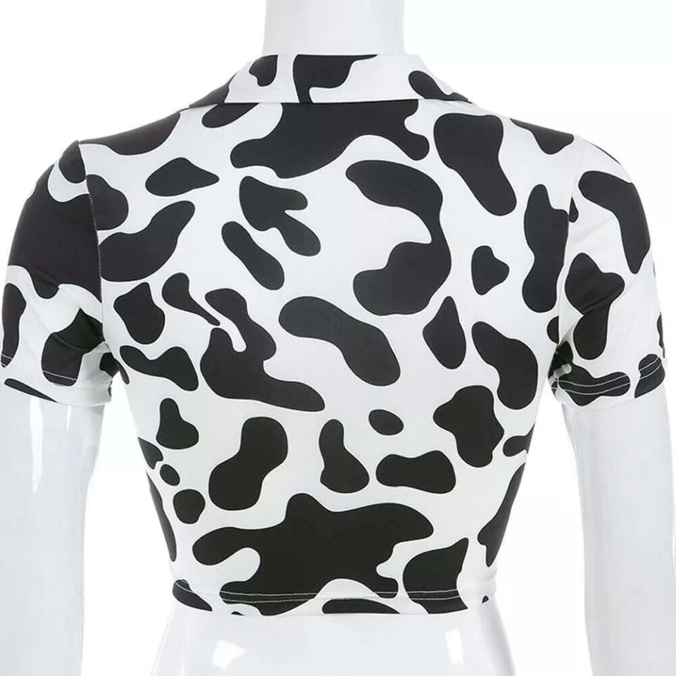 Cute Cow Print V Neck Short Sleeve Shirt Crop Top Summer Aesthetic Casual E-Girl Kawaii Korean Japanese Harajuku