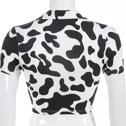 Cute Cow Print V Neck Short Sleeve Shirt Crop Top Summer Aesthetic Casual E-Girl Kawaii Korean Japanese Harajuku
