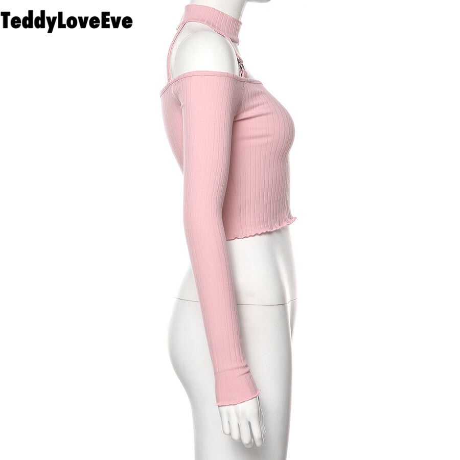 Cute Pink Strapless Ruffle Crop Top Causal Slim Long Sleeve Shirt T-shirt Top Tee E-Girl Kawaii Korean Japanese Harajuku Streetwear