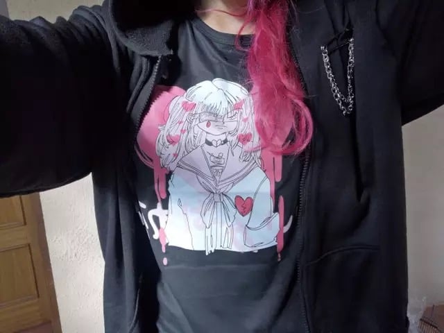 Cute Black Punk Goth Anime Girl Cartoon Print Short Sleeve Shirt Oversized Loose T-shirt Tee Top E-Girl Kawaii Korean Japanese Harajuku Streetwear