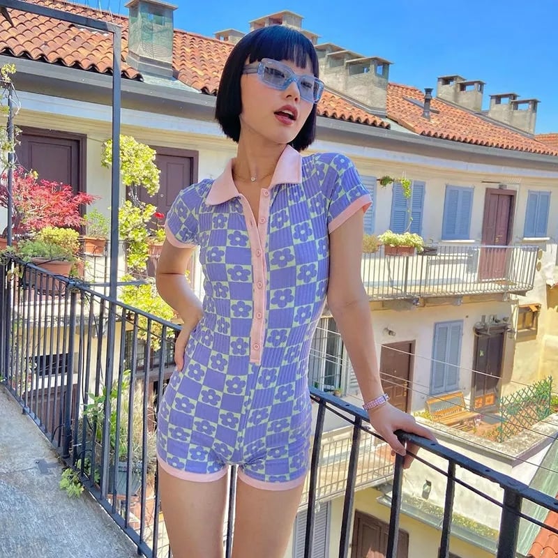Cute Vintage Floral Print Bodysuit Jumpsuit Bodycon One Piece 2000s Summer Aesthetic Casual E-Girl Kawaii Korean Japanese Harajuku