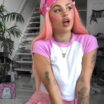 Cute Pink White Contrast Basic Crop Top Short Sleeve Shirt Tee T-shirt Kawaii Korean Japanese Harajuku Chinese Retro Streetwear Aesthetic Fashion