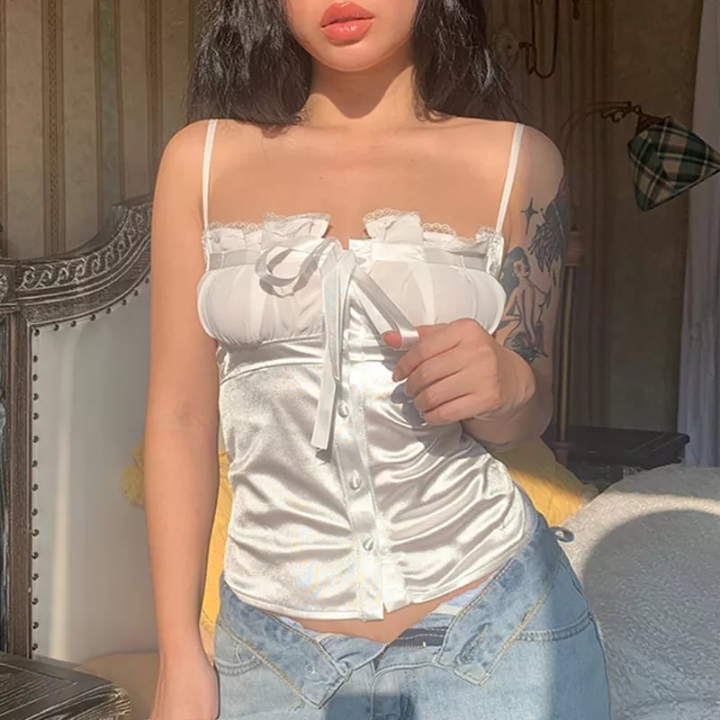 Sweet Elegant Bow Satin Crop Top Aesthetic Casual E-Girl Kawaii Korean Japanese Harajuku
