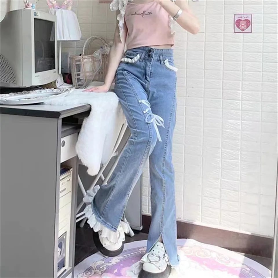 Sweet High Waist Lace Flare Jeans