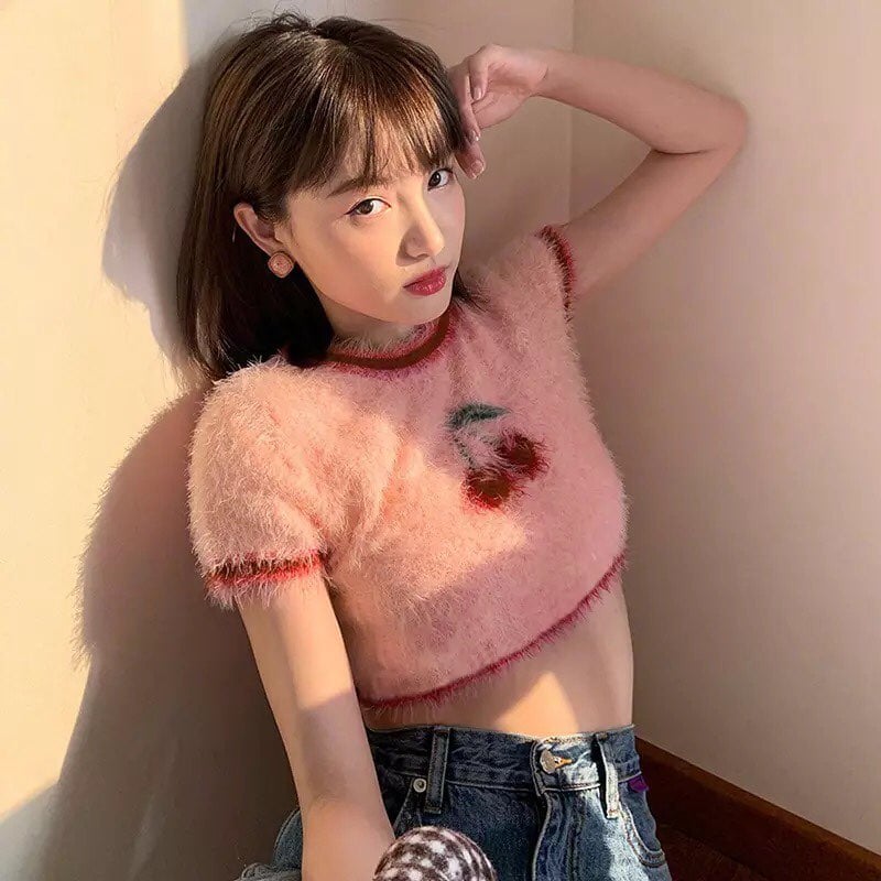 Pink Cherry Fluffy Soft Short Sleeve Shirt Crop Top Summer Aesthetic Casual E-Girl Kawaii Korean Japanese Harajuku
