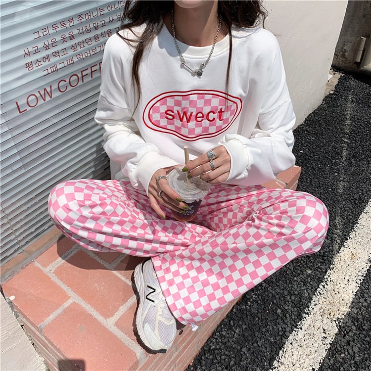 Pink Gingham Loose High Waist Pants