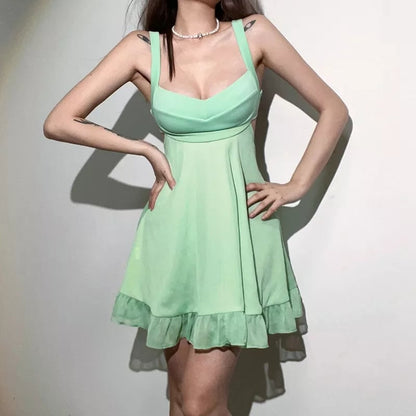 Green Backless Ruffle Dress Aesthetic Casual E-Girl Kawaii Korean Japanese Harajuku