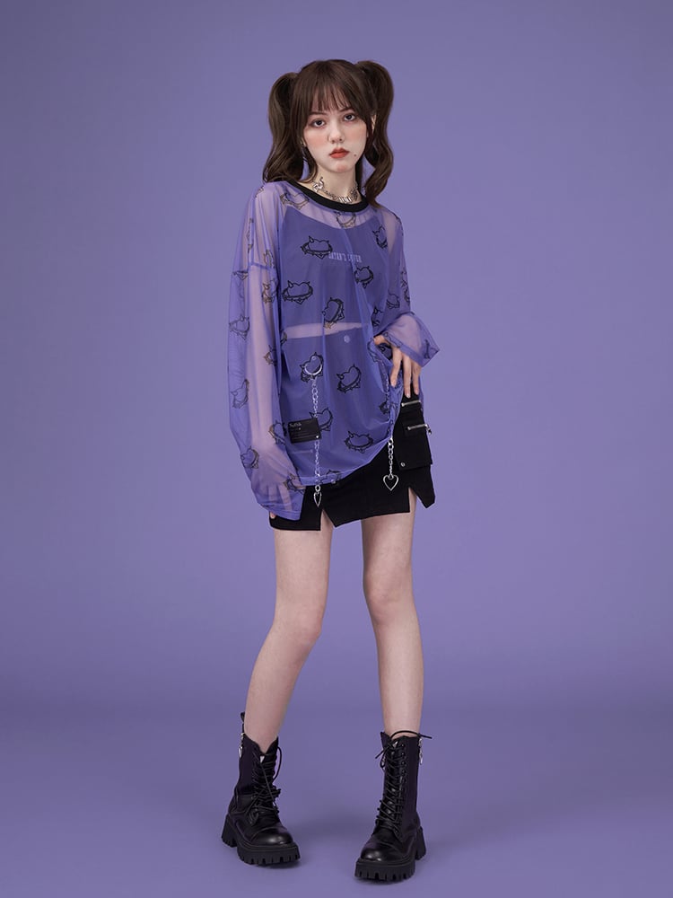 Transparent Mesh Heart Long Sleeve Shirt
