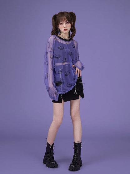 Transparent Mesh Heart Long Sleeve Shirt