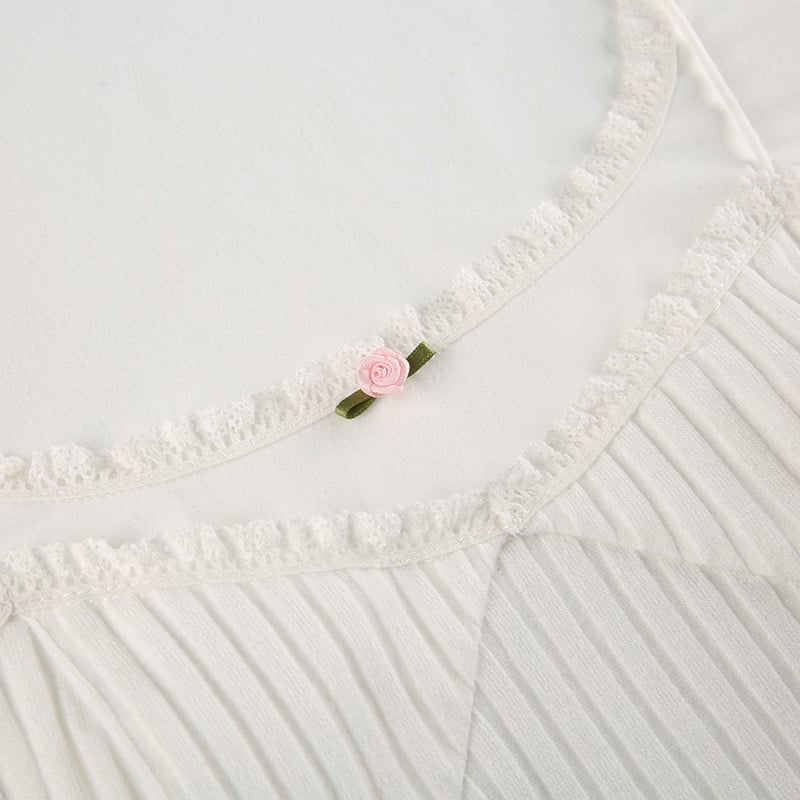 White Lace Trim Square Collar Long Sleeve Shirt