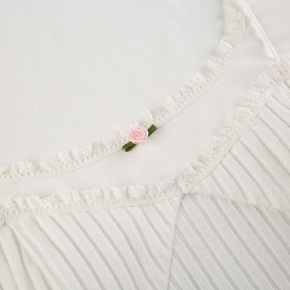 White Lace Trim Square Collar Long Sleeve Shirt