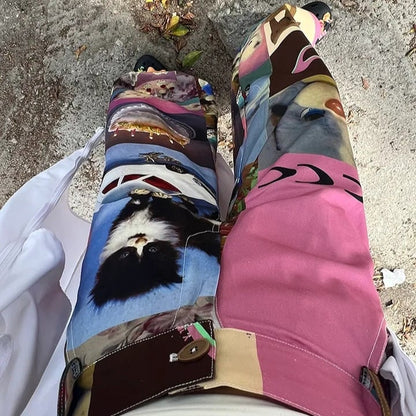 Cat Contrast Patchwork Wide Leg Trousers