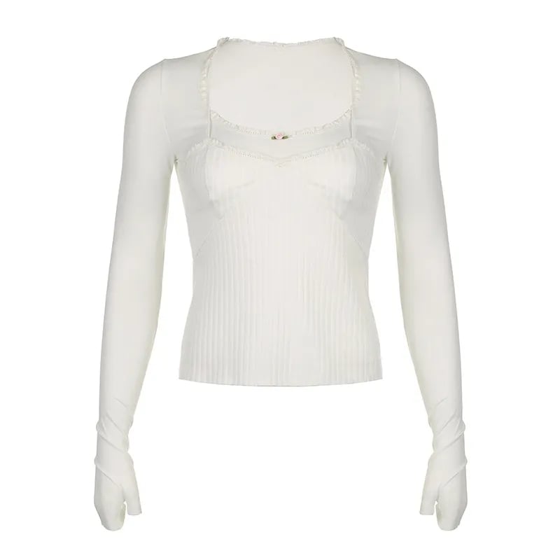 White Lace Trim Square Collar Long Sleeve Shirt