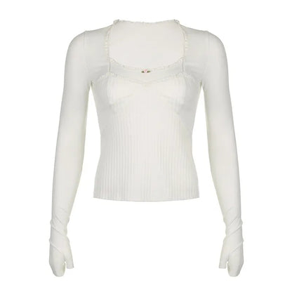White Lace Trim Square Collar Long Sleeve Shirt