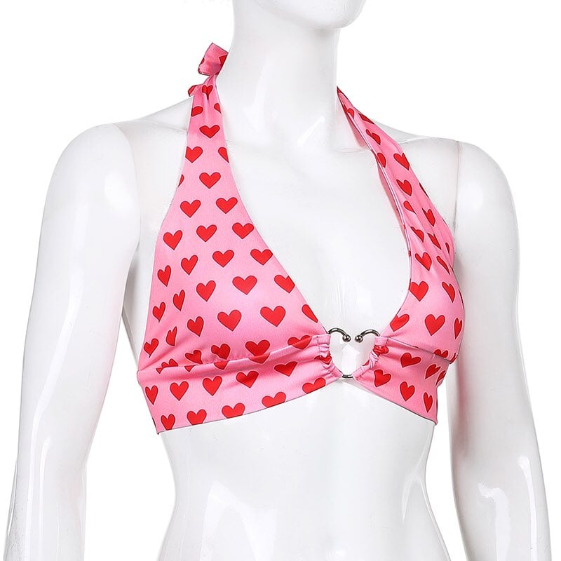 Cute Pink Heart Print Halter Bustier Crop Top Sleeveless Backless Lace Up Bralette Summer Casual E-Girl Kawaii Korean Japanese Harajuku Streetwear