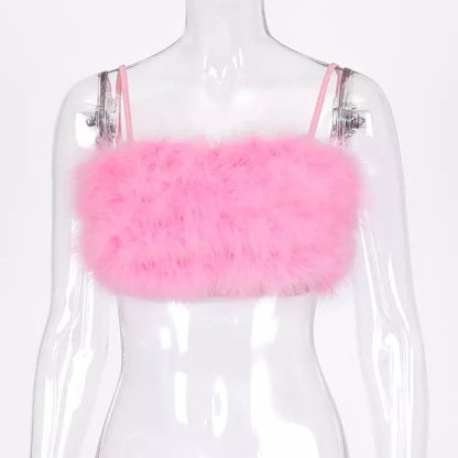 Sexy Pink Feathers Fluffy Fur Crop Top Camisole Tank Sleeveless T-shirt Tee Shirt E-Girl Kawaii Korean Japanese Harajuku Retro Streetwear Fashion