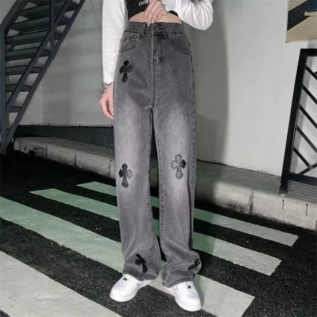 Cute Cross Jean High Waist Straight Baggy Pants Denim Trousers Summer Aesthetic Casual E-Girl Kawaii Korean Japanese Harajuku