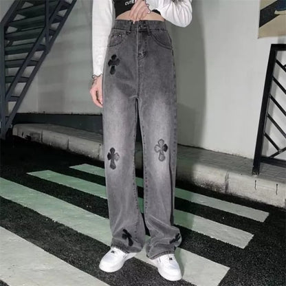 Cute Cross Jean High Waist Straight Baggy Pants Denim Trousers Summer Aesthetic Casual E-Girl Kawaii Korean Japanese Harajuku