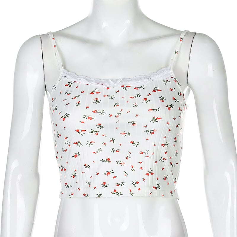 Cute Floral Print Lace Spaghetti Strap Camisole Crop Top Shirt Tee T-shirt E-Girl Kawaii Korean Japanese Harajuku Chinese Retro Streetwear Aesthetic