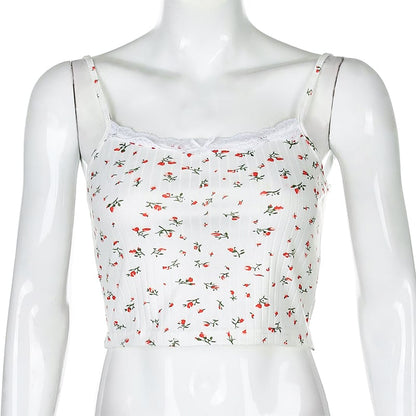 Cute Floral Print Lace Spaghetti Strap Camisole Crop Top Shirt Tee T-shirt E-Girl Kawaii Korean Japanese Harajuku Chinese Retro Streetwear Aesthetic