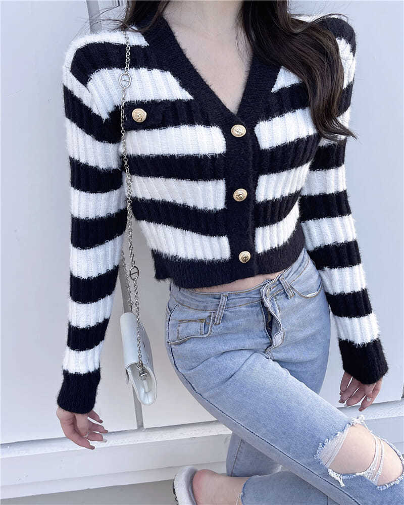 Blue & White Stripe Gold Button Sweater