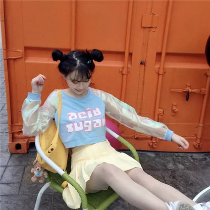 Pastel Pink Acid Holographic Laser Transparent Crop Top Long Sleeve Tee Shirt T-shirt Top Sweatshirt E-Girl Kawaii Korean Japanese Harajuku Streetwear