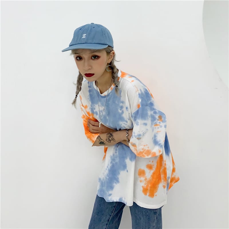 Cute Tie Dyed Hip Hop Casual Punk Goth Loose Oversized Short Sleeve Shirt Tee T-shirt E-Girl Kawaii Korean Japanese Harajuku Chinese Retro Streetwear
