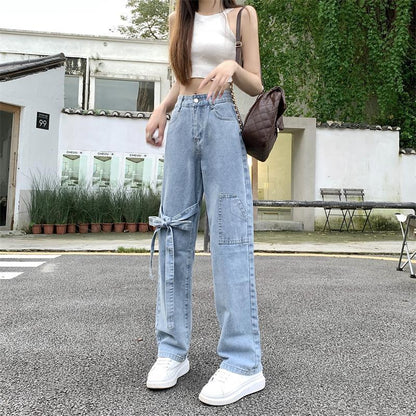 Bow High Waist Straight Leg Jeans