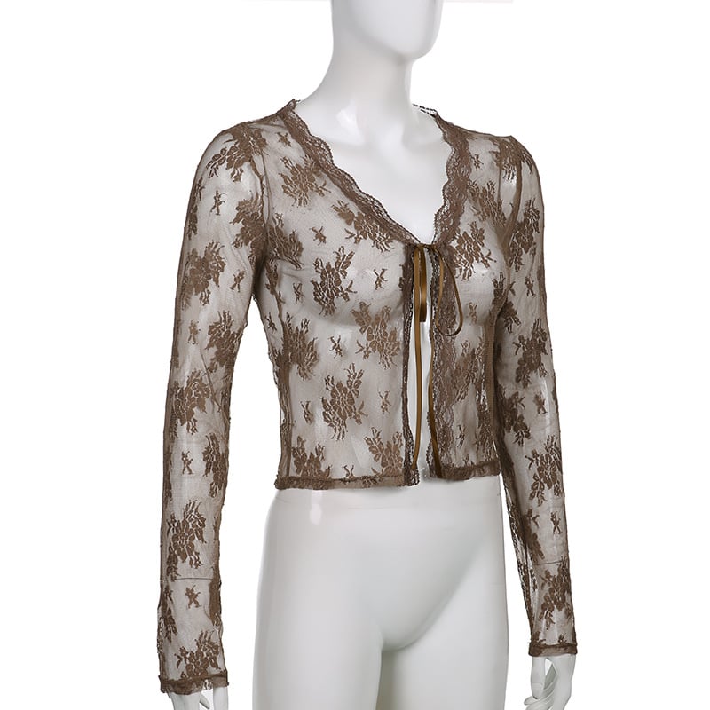 Brown Lace Mesh Tie Up Cardigan