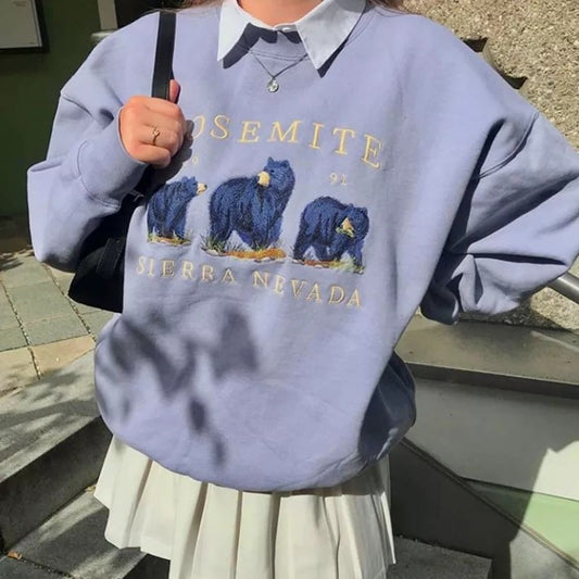 Vintage Bear Embroidery Sweatshirt Causal Long Sleeve Shirt Crew Neck Oversize Loose Sweater E-Girl Kawaii Korean Japanese Harajuku Streetwear