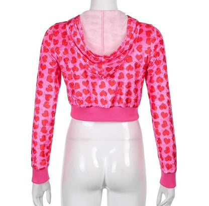 Cute Pink Heart Print Velvet Tracksuit Set Long Sleeve Cropped Hoodie + Sweatpants Aesthetic Casual Summer E-Girl Kawaii Korean Japanese Harajuku