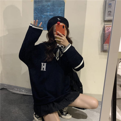 Cute Vintage Preppy V Neck Oversized Sweater Long Sleeve Shirt Pullover Hoodie Sweatshirt E-Girl Kawaii Korean Japanese Harajuku Retro Streetwear