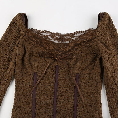Brown Lace Trim V Neck Flare Long Sleeve Top