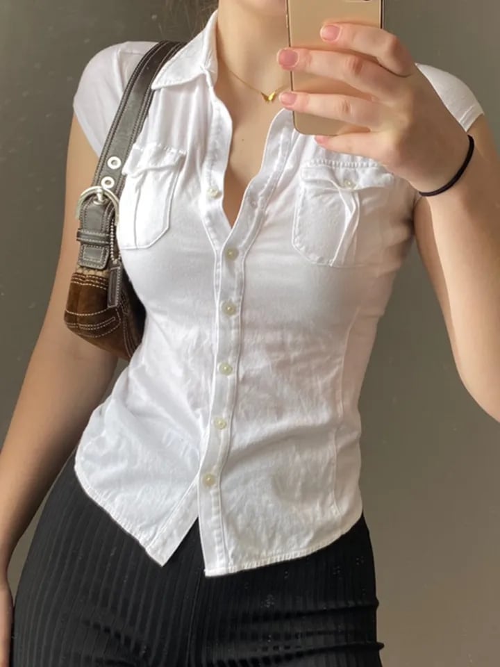White Pocket Button Down Collar Short Sleeve Shirt