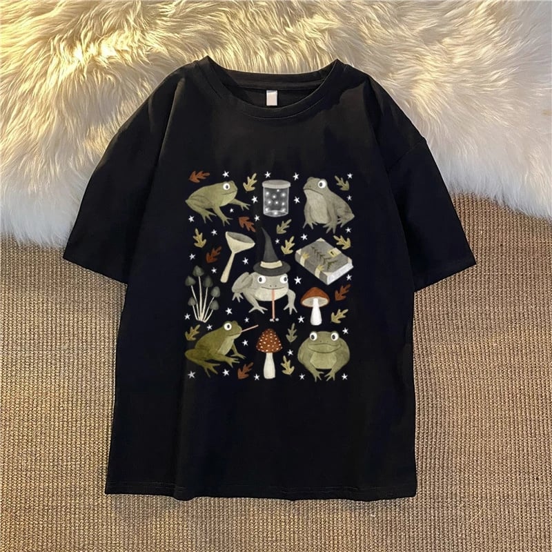 Cute Frog Magic Mushroom Witchcraft Print Short Sleeve T- Shirt Top Aesthetic Casual Summer E-Girl Kawaii Korean Japanese Harajuku