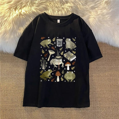 Cute Frog Magic Mushroom Witchcraft Print Short Sleeve T- Shirt Top Aesthetic Casual Summer E-Girl Kawaii Korean Japanese Harajuku
